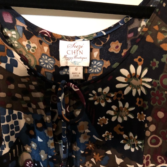 Suzie Chin Black multi colored rayon and spandex dress with belt - Picture 4 of 6